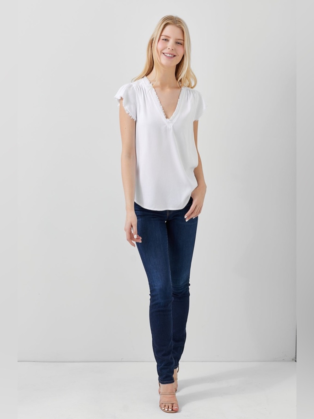 Maven West Frayed Short Sleeve V-Neck Top, size M